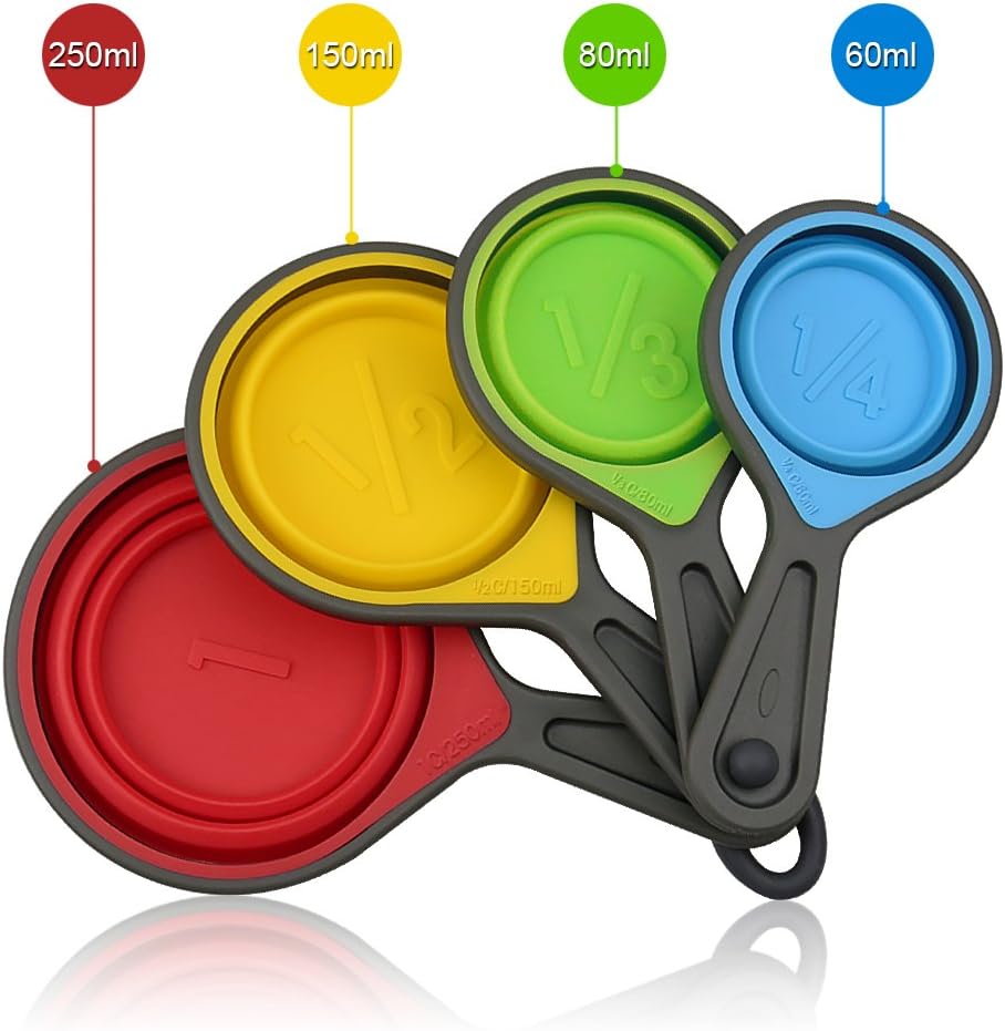 leepiya Measuring Cups and Spoons set, Collapsible Measuring Cups, 8 piece Measuring Tool Engraved Metric/US Markings for Liquid & Dry Measuring, Space Saving, BPA Free Silicone, Colorful