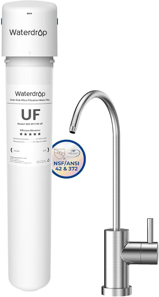 Waterdrop 17UBW-UF 0.01 μm Ultra Filtration Under Sink Water Filter System for Baçtёria Reduction, Reduces Lead, Chlorine, Bad Taste & Odor, 24K Gallons, with Dedicated Brushed Nickel Faucet, USA Tech