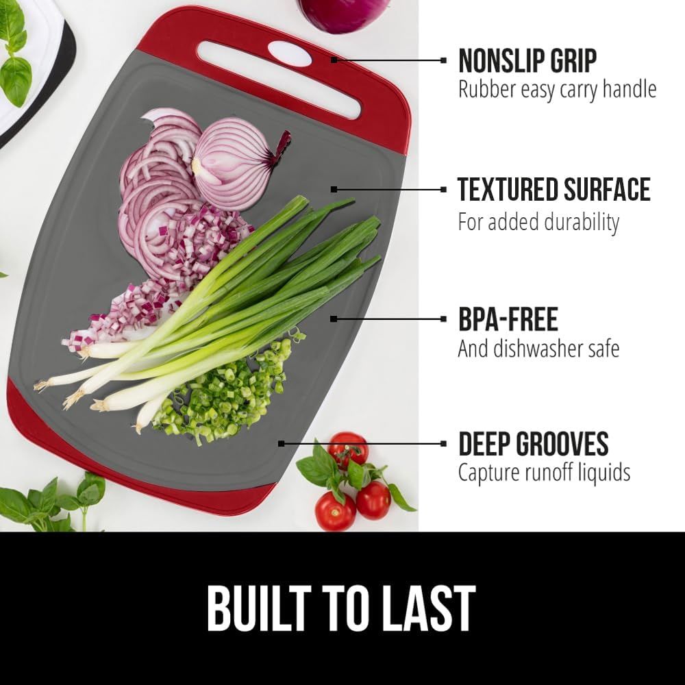 GORILLA GRIP BPA-Free Reversible Kitchen Cutting Board Set of 3, US Designed, Nonporous, Juice Grooves Catch Liquid, Slip Resistant Border, Dishwasher Safe, Durable Large Food Chopping Boards Red Gray