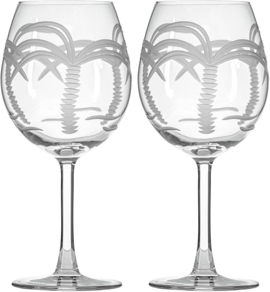 Rolf Glass Palm Tree Balloon Wine Glass | 18oz Red Wine Glasses | Lead-Free, Diamond-Wheel Engraved Crystal Glass | Coastal Palm Tree Design| Made in the USA | Set of 2