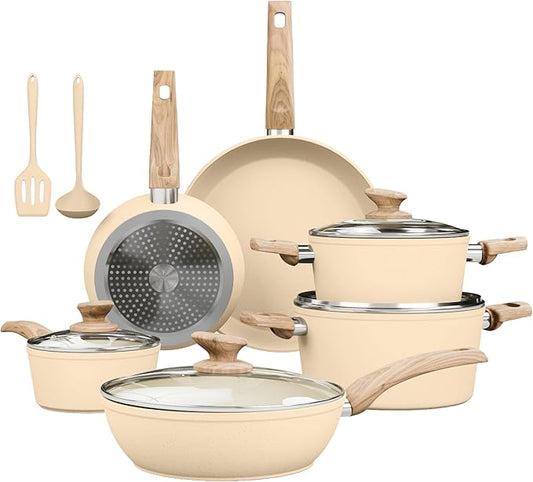Kitchen Academy Induction Pots and Pans Set Non Stick - 12 Pieces Nonstick Kitchen Cookware Set, Granite Cooking Set Pots and Pans, Beige
