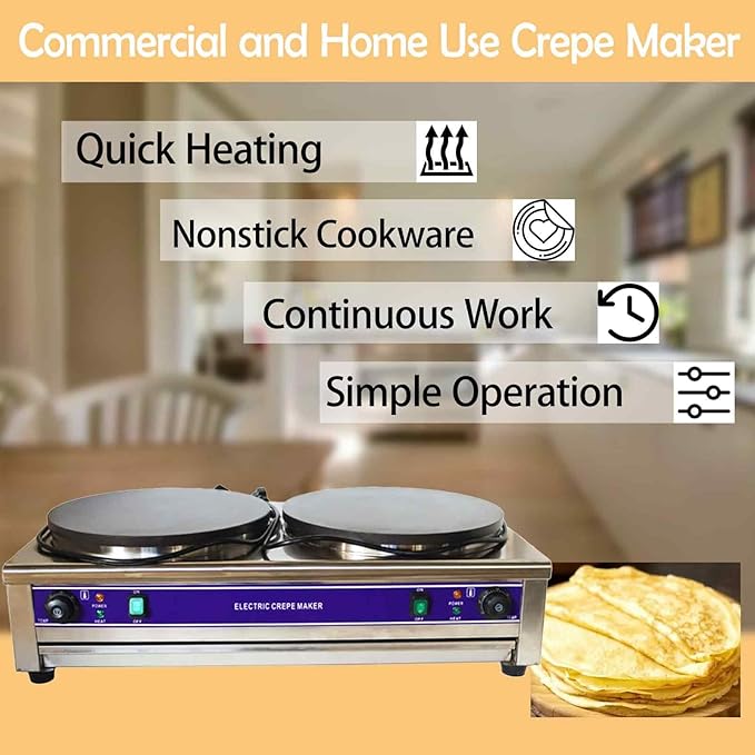 Commercial Electric Crepe Maker, Double Head Pancake Machine 40cm(15.75") Nonstick Griddle with Temperature Control for Pancakes, Eggs, Bacon & Tortillas
