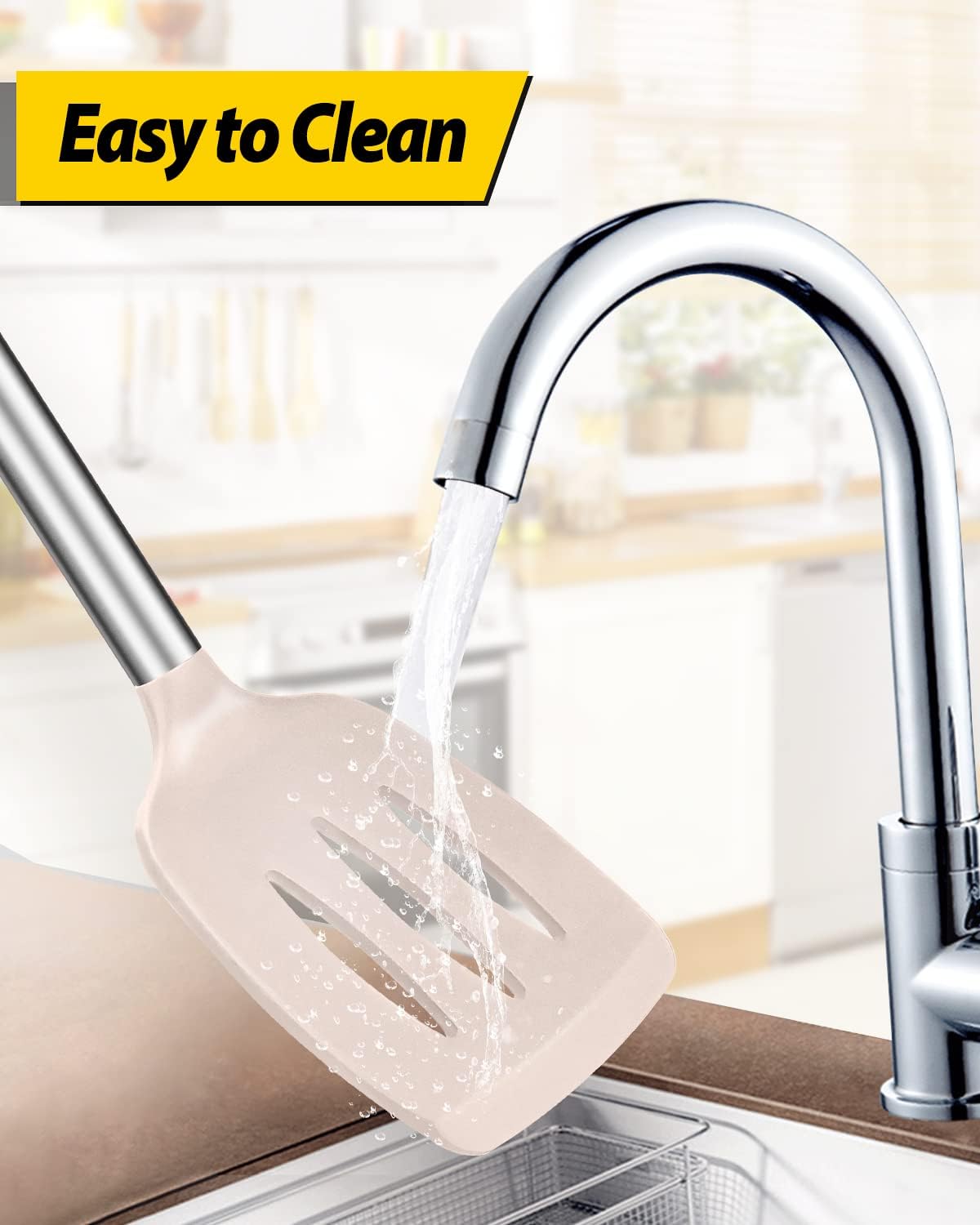 Pack of 2 Silicone Solid Turner, Non Stick Slotted Kitchen Spatulas, High Heat Resistant BPA Free Cooking Utensils, Ideal Cookware for Fish, Eggs, Pancakes(Stainless Steel Khaki)