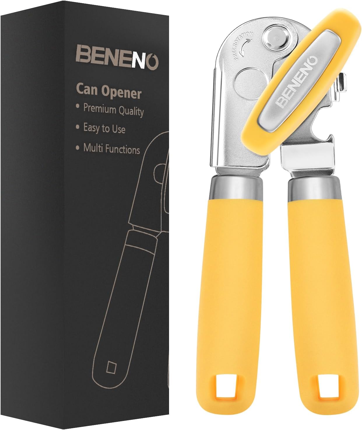 Beneno Heavy Duty Hand Can Opener Manual with Magnet, Durable Sharp Carbon Steel Blade Smooth Cutting, Big Effort-Saving Knob, Soft Grip Handle, Multifunctional Kitchen Tool with Bottle Opener, Yellow