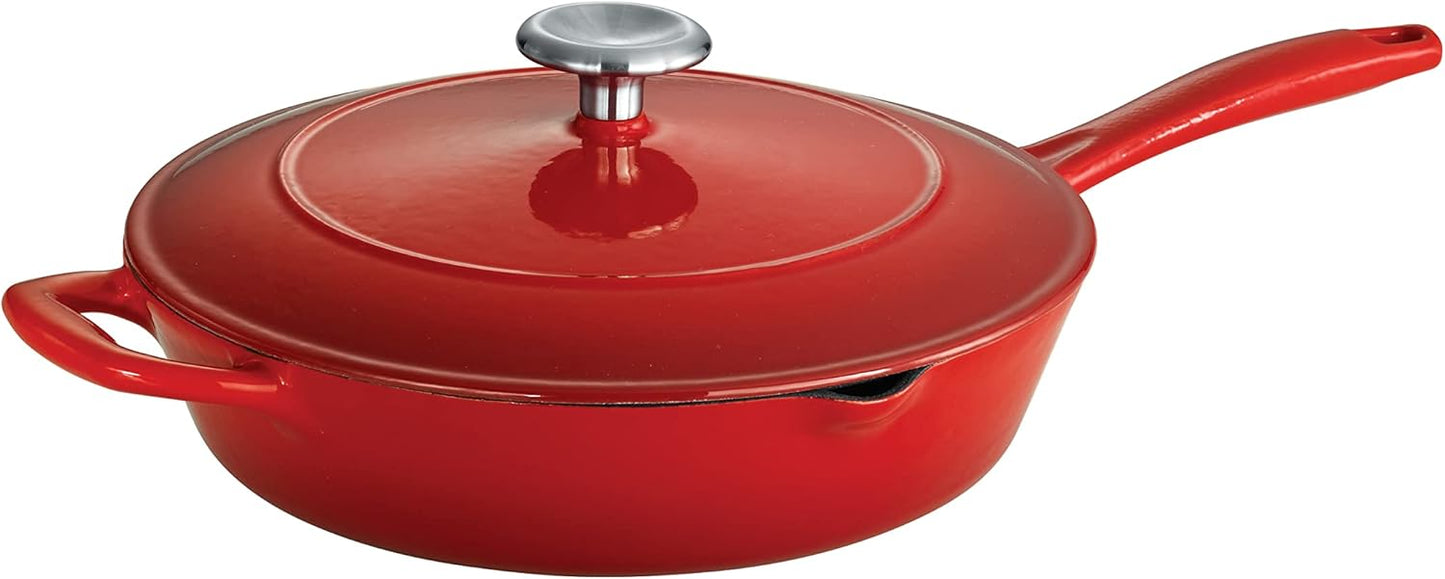 Tramontina Bestow Enameled Cast Iron Skillet with Lid, 10-inch Frying Pan, Red