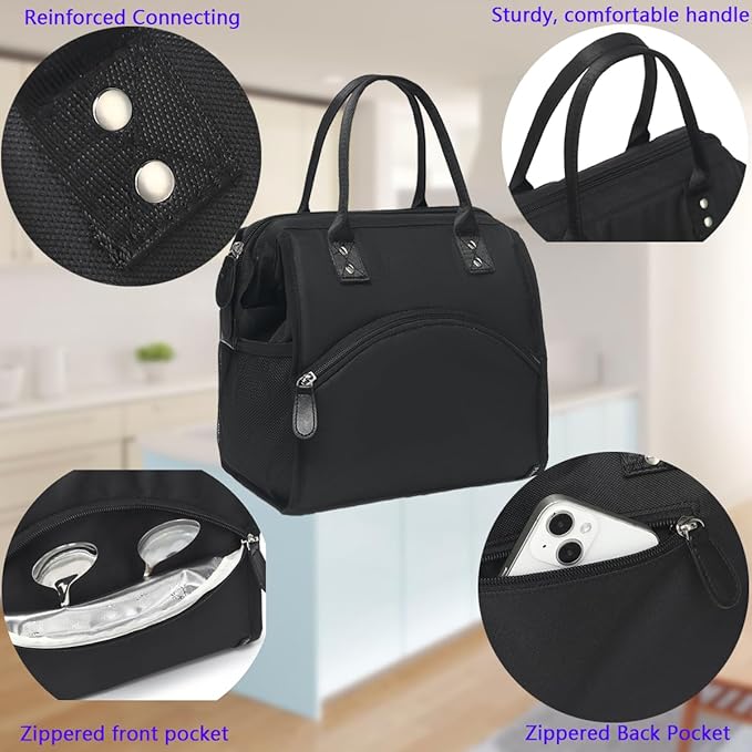 FlowFly Insulated Lunch Bag for Women, Men, Large and Reusable, Handle, Work and Travel Tote and Meal Prep Organizer, Black