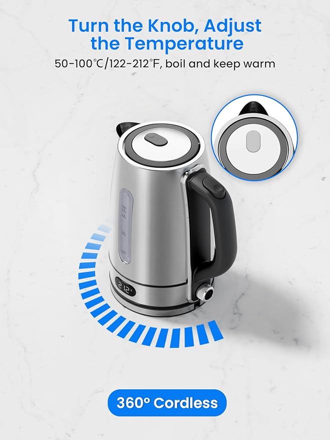 Kismile Electric Kettle, Water View Window, 7 Adjustable Temp Settings & 2h Keep Warm, Auto Shut-Off, 1.7L 1500W Water Boiler for Coffee & Tea, Stainless Steel