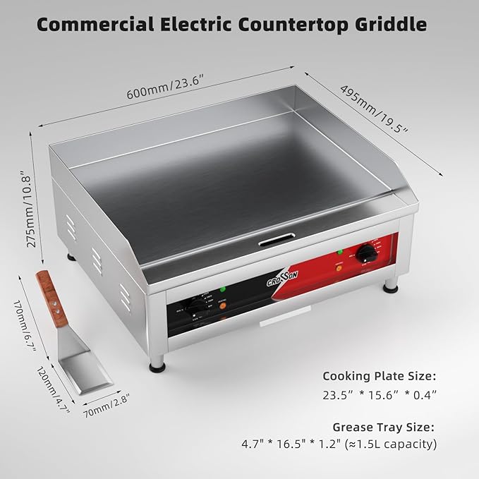 CROSSON 24"*16" Commercial Electric Countertop Griddle,Flat Top Heavy Duty Griddles with Non-Stick 2/5" Thick Iron Cooking Plate for Restaurant use-120V/3500W,Spatula Bonuses
