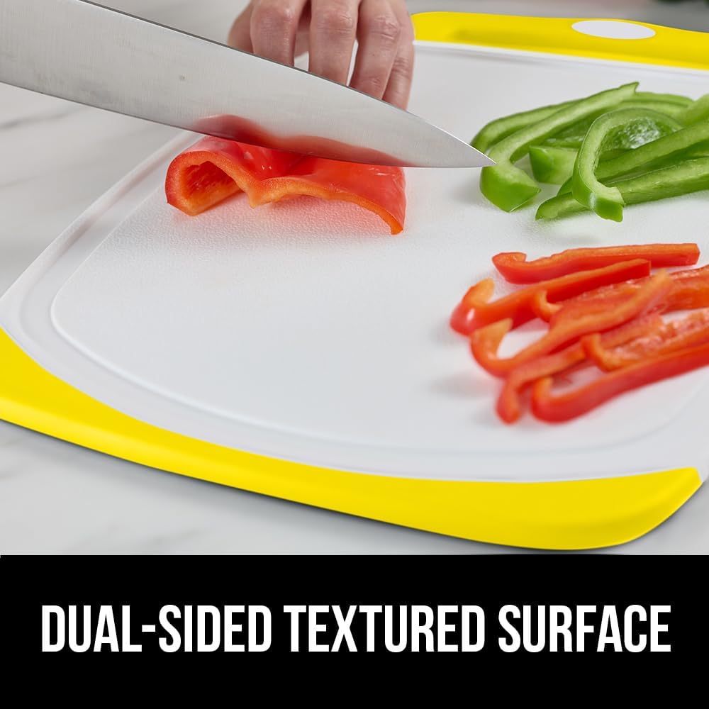GORILLA GRIP BPA-Free Reversible Kitchen Cutting Board Set of 3, US Designed, Nonporous, Juice Grooves Catch Liquid, Slip Resistant Border, Dishwasher Safe, Durable Large Food Chopping Boards, Yellow