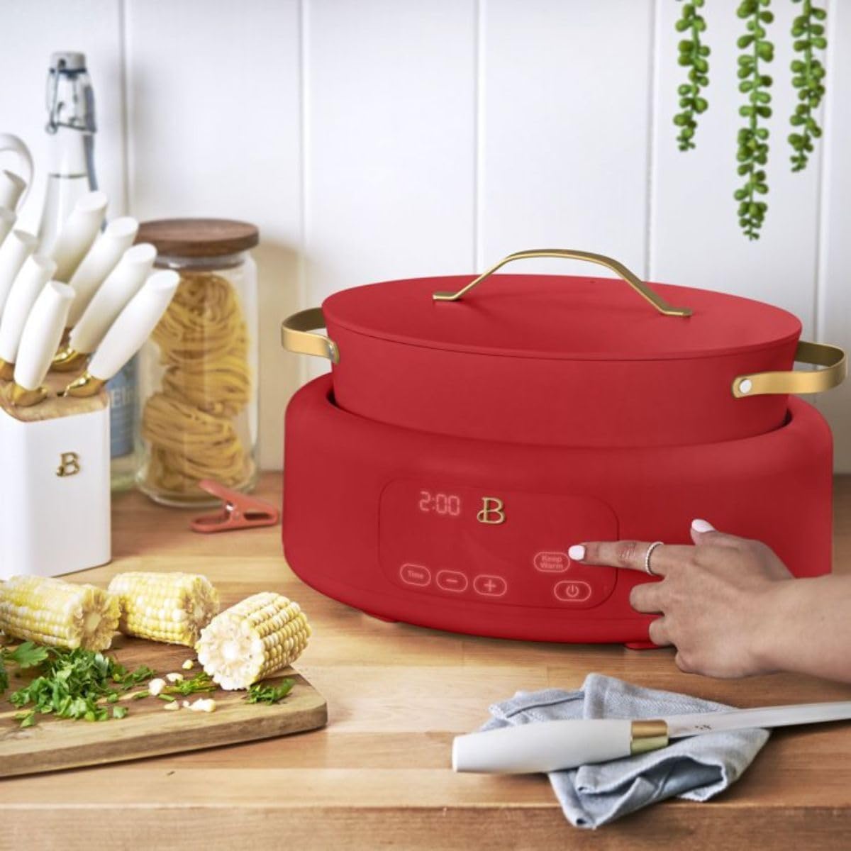 Beautiful 10-in-1 Electric Multi-Cooker, 6-QT Capacity, 7 Preset Functions, Saute, Slow Cook, Braise, Steam, Dishwasher Safe, Oven Safe, Durable Stainless Steel Handles (TOMATO RED)