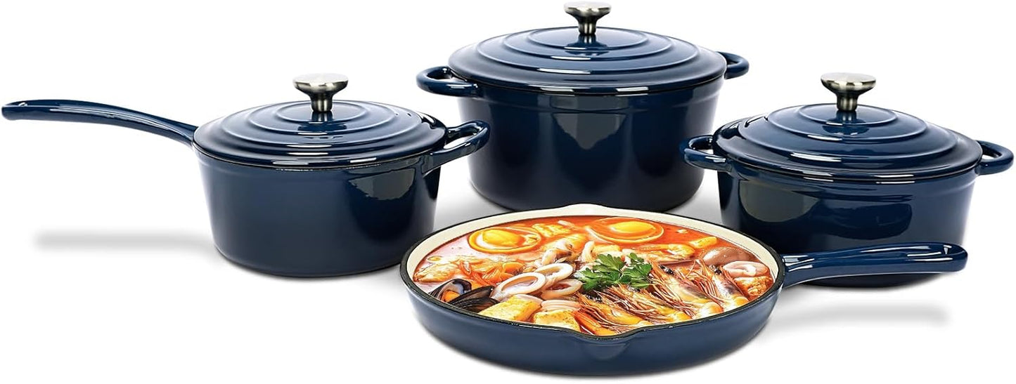 QuliMetal Nonstick Enameled Cast Iron Cookware Set, Frying Pan Skillet- 7-Pcs Pots and Pans with Lid, Healthy Round Dutch Oven Pot for Sourdough Bread Baking, Oven Safe up to 500° F or on All Stovetop