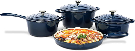 QuliMetal Nonstick Enameled Cast Iron Cookware Set, Frying Pan Skillet- 7-Pcs Pots and Pans with Lid, Healthy Round Dutch Oven Pot for Sourdough Bread Baking, Oven Safe up to 500° F or on All Stovetop