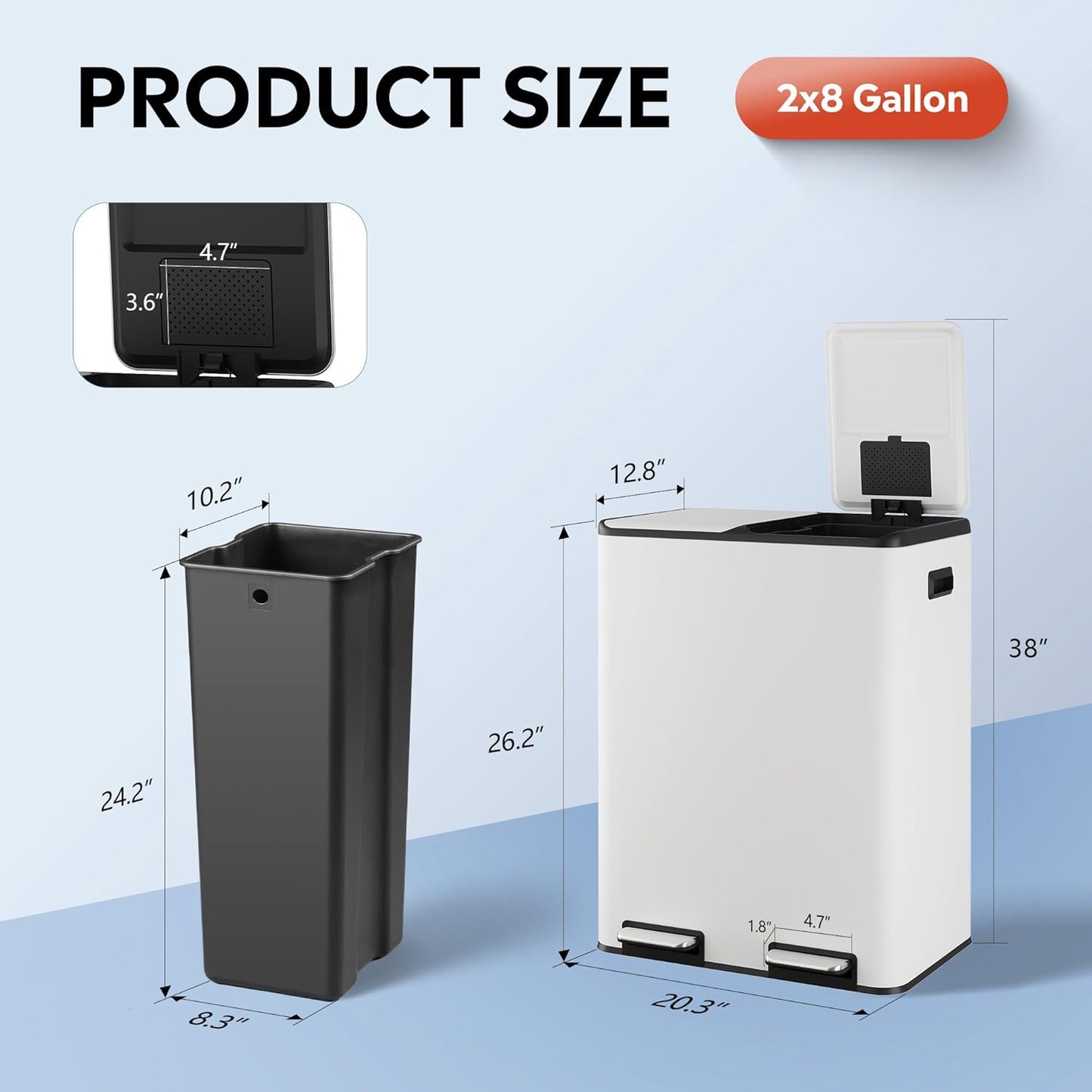 WLIVE 2 x 8 Gallon Stainless Steel Dual Trash Can, Double Trash Can Kitchen with Soft-Close Lid, Trash and Recycle Bin Combo, Kitchen Garbage Can with Deodorizing Filter Box and Inner Buckets, White