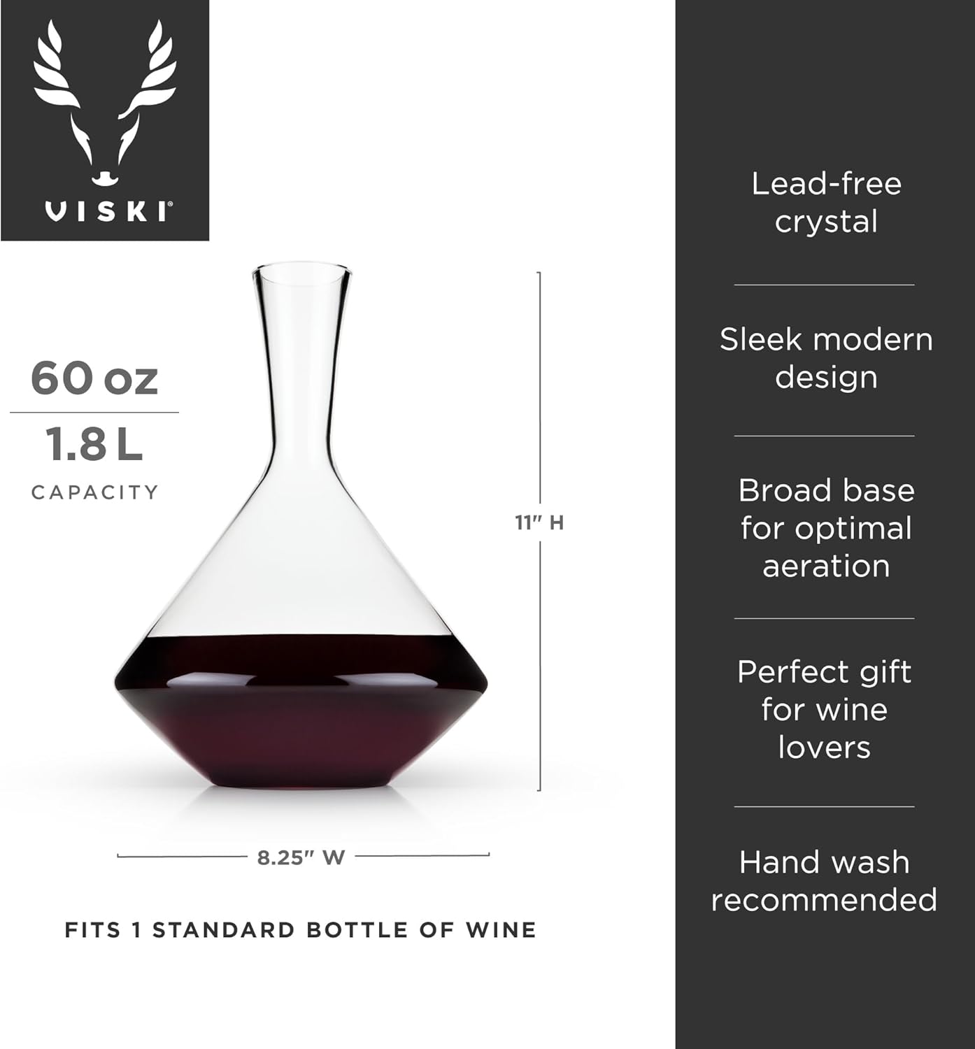 Viski Angled Wine Decanter, Lead-Free Crystal Carafe for Red and White Wine with Broad Base for Aeration, Elegant Large Pitcher for Wedding Gifts, Housewarming Essentials, 60 oz (1.8 L), Set of 1
