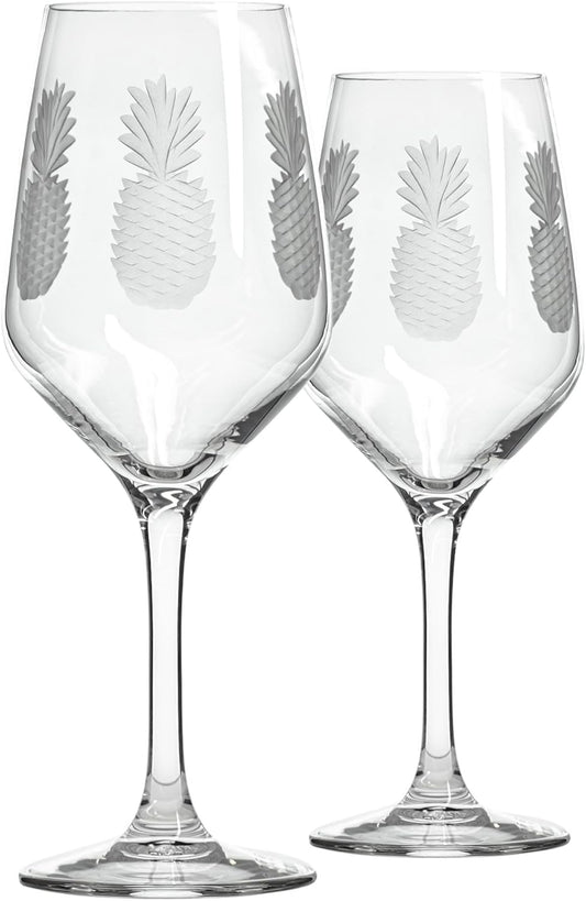 Rolf Glass Fresh Pineapple White Wine Glass | 10.75oz | Lead-Free and Diamond-Wheel Engraved | Made in the USA | Tropical Glassware with Etched Pineapple Design | Set of 2