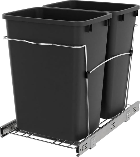 Rev-A-Shelf RV-18KD-18C S Double Pullout Trash Can for Kitchen Cabinets 35 Qt Garbage Recycling Bin on Full Extension Slides, Black