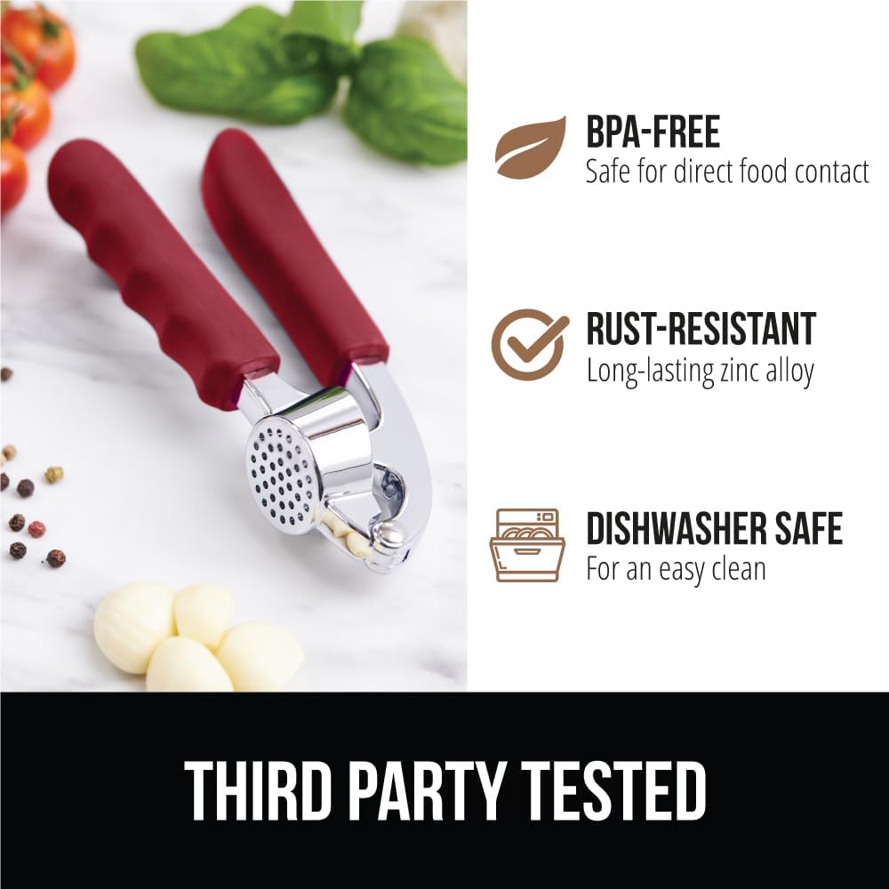GORILLA GRIP Garlic Press and Peel Set, Heavy Duty Mincer Tool, Large Ergonomic Handle, Easily Mince and Crush Garlics, Ginger, Nuts, Seeds, Peeler Included, Peeling Cloves, Kitchen Gadgets, Red