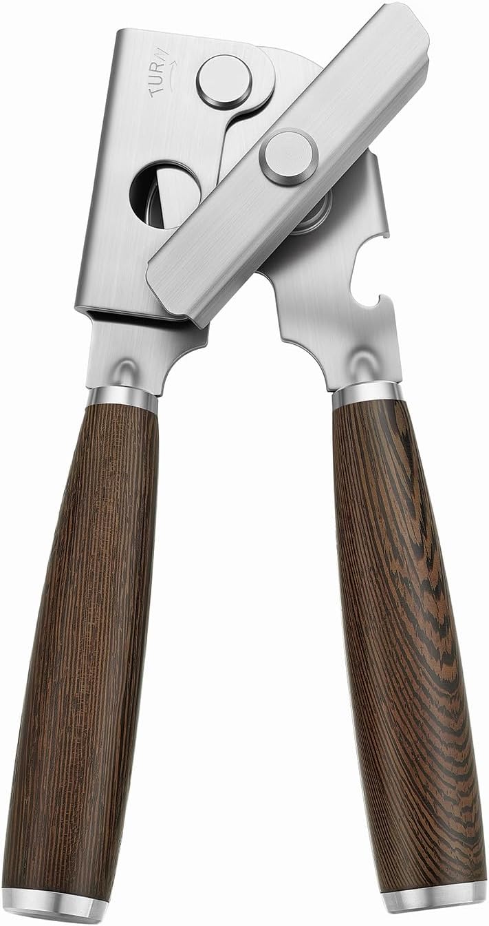 Upgraded Efficient Manual Can Opener - Selected Solid Wood Handle, Sharp and Smooth Blade Edge, Portable Design, Easy-Open Large Knob, Versatile for Various Bottle Caps(Wenge)