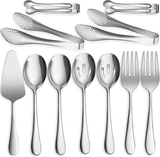 11 PCS Serving Utensils, Large Stainless Steel Spoons Forks Tongs, Pie Server, Great for Hostess Buffet Catering Banquet Party, Silver