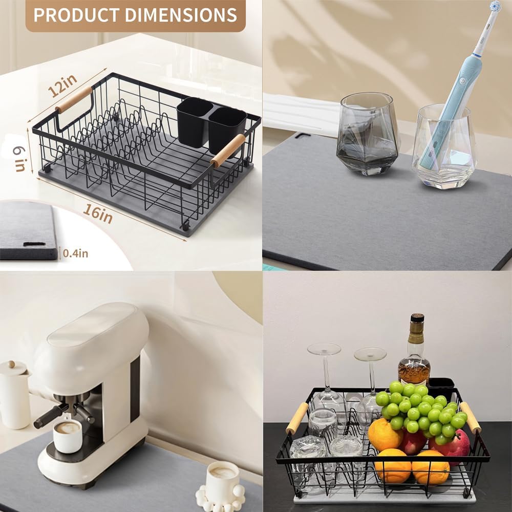 Dish Drying Rack with Stone Drying Mat, Diatomaceous Earth Dish Drying Mat for Kitchen Counter, Dish Drainers with Dish Drying mat