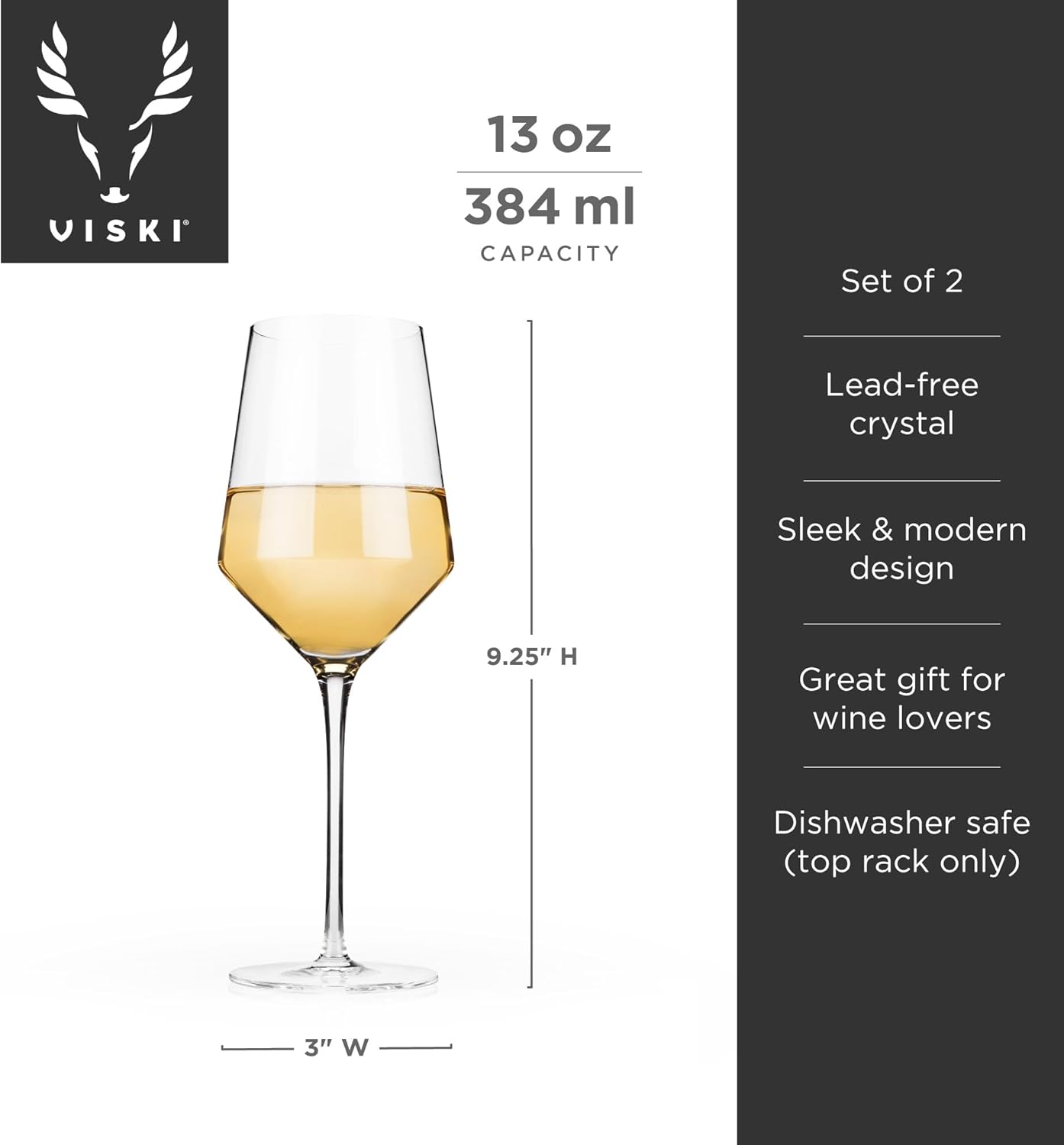 Viski Raye Crystal Angled Chardonnay Glasses, Sleek and Modern Design White Wine Glasses Set, Elegant Glassware for Wedding Gifts, Anniversary, Birthday Gifts, Home Bar Essentials, 13 oz, Set of 2