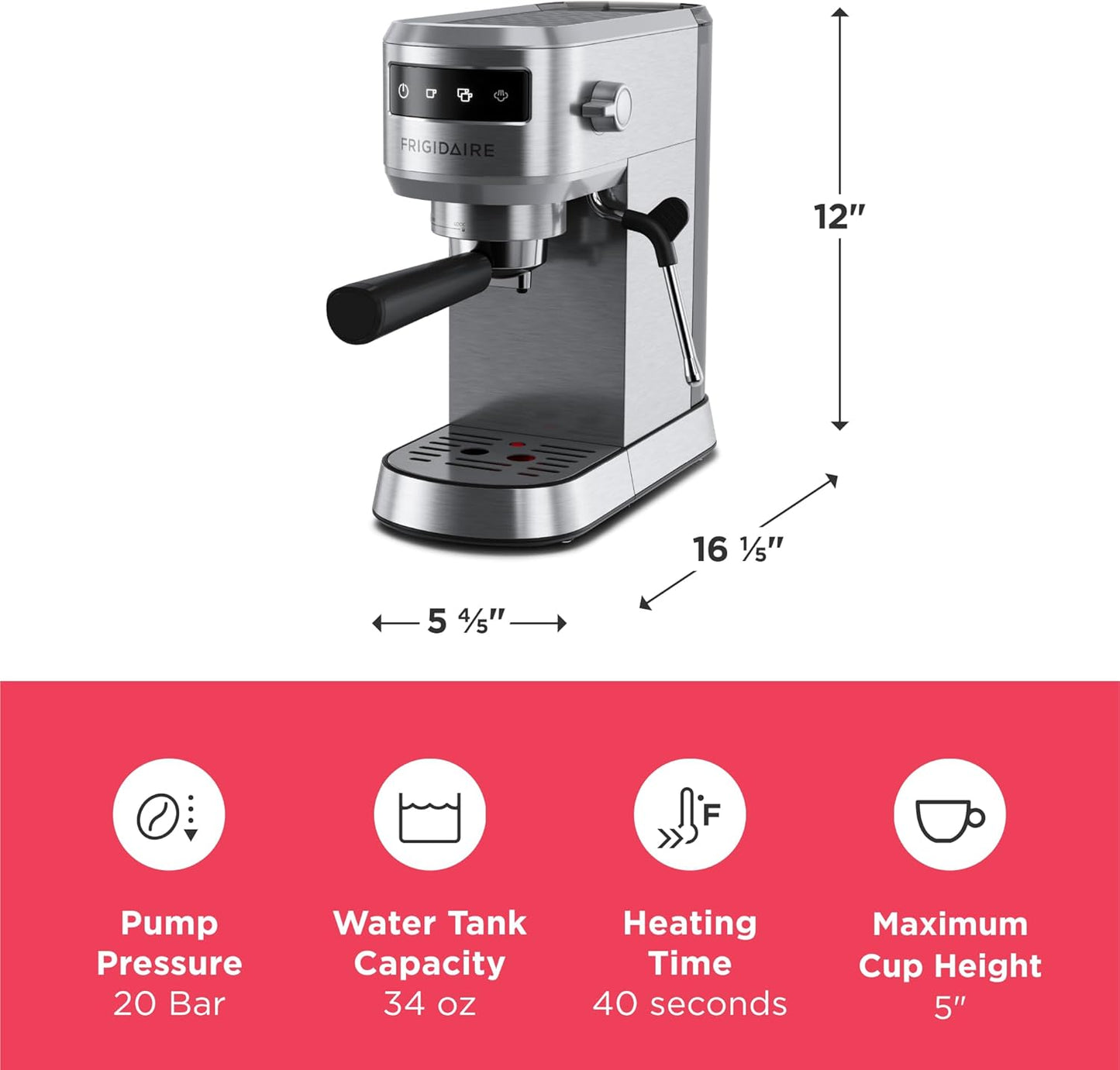 Frigidaire Steam Espresso Maker, Coffee Machine with Milk Frother & Cup Warmer, 20 Bar Pressure, 34 oz Removable Water Tank, Single or Double Shot, Stainless Steel