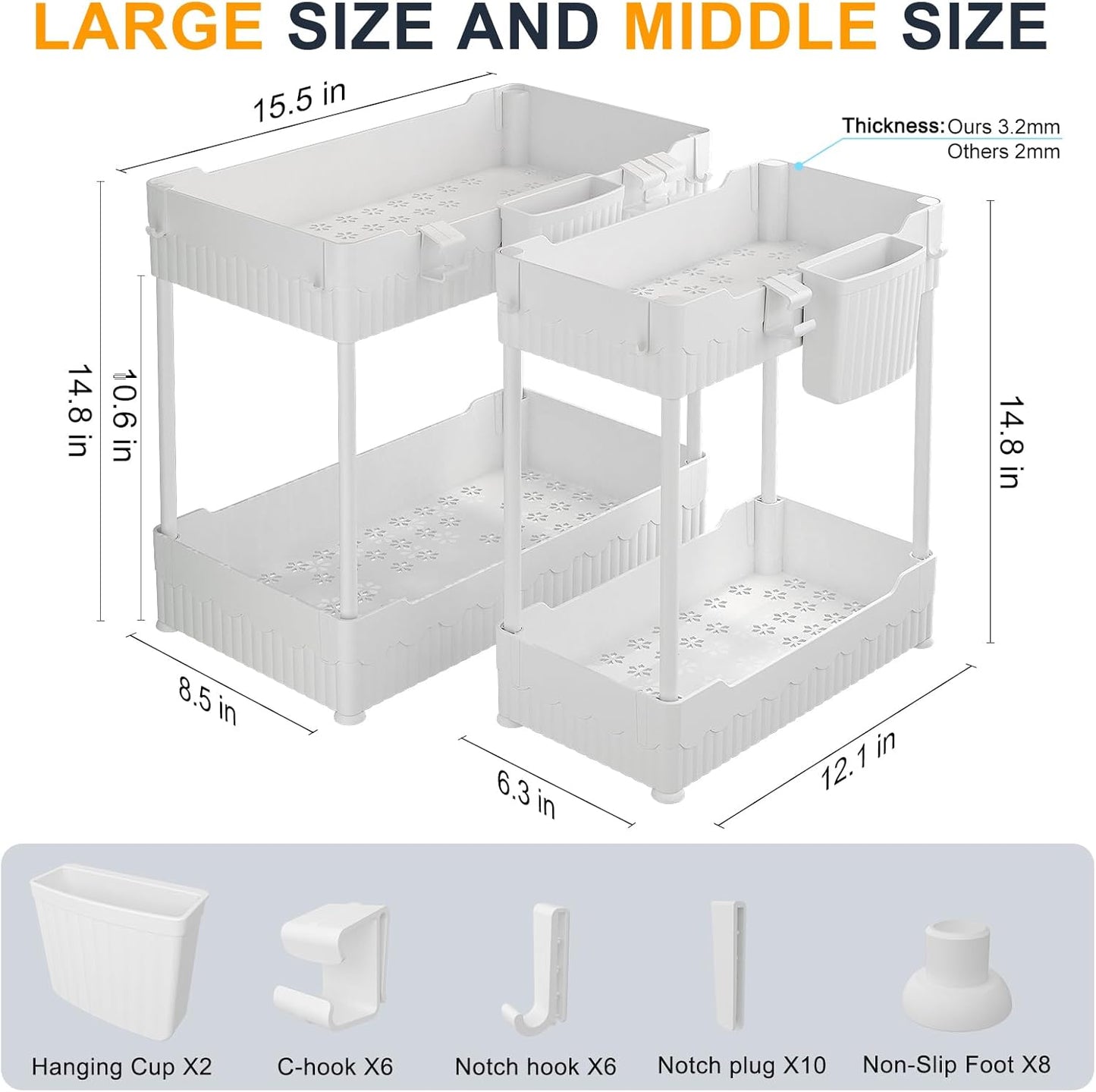 2 Pack Under Sink Organizer, Under Bathroom Cabinet Organizer with Hooks Hanging Cup, Multi-Purpose Storage Shelf for Kitchen Bathroom (White, XL)