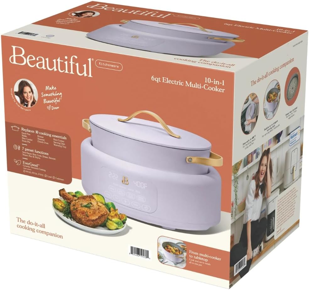 Beautiful 10-in-1 Electric Multi-Cooker by Drew Barrymore, 6-quart, digital display, 10 cooking functions, non-stick pot, easy one-touch control (Lavender)