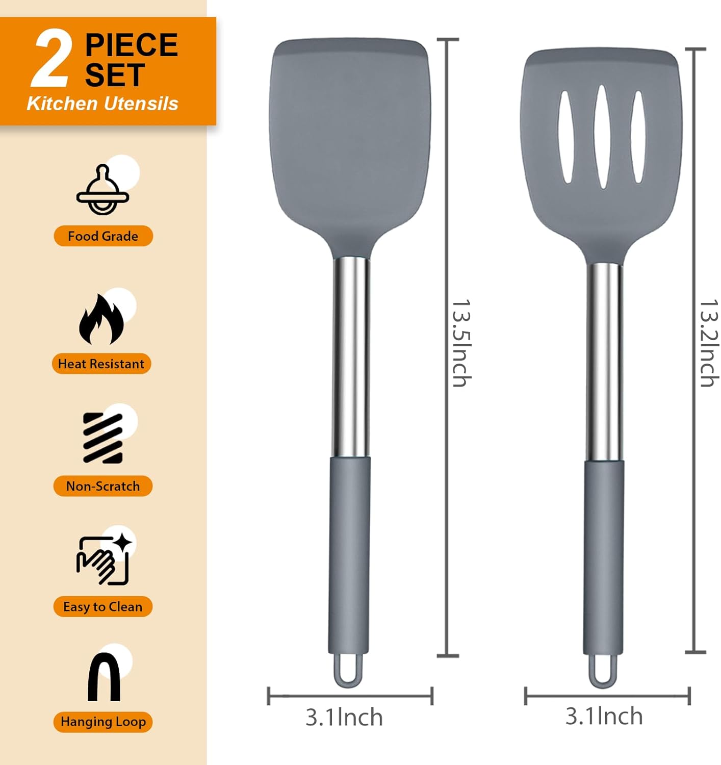 Silicone Spatula Set of 2, E-far Solid & Slotted Turner for Nonstick Cookware, Heat Resistant Rubber Kitchen Cooking Utensils for Flipping Fish Pancake Egg - Grey