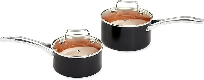 Amazon Basics Ceramic Nonstick Pots and Pans Cookware Set, Dishwasher & Oven Safe, Even Heating, 10-Piece Set, Copper Color