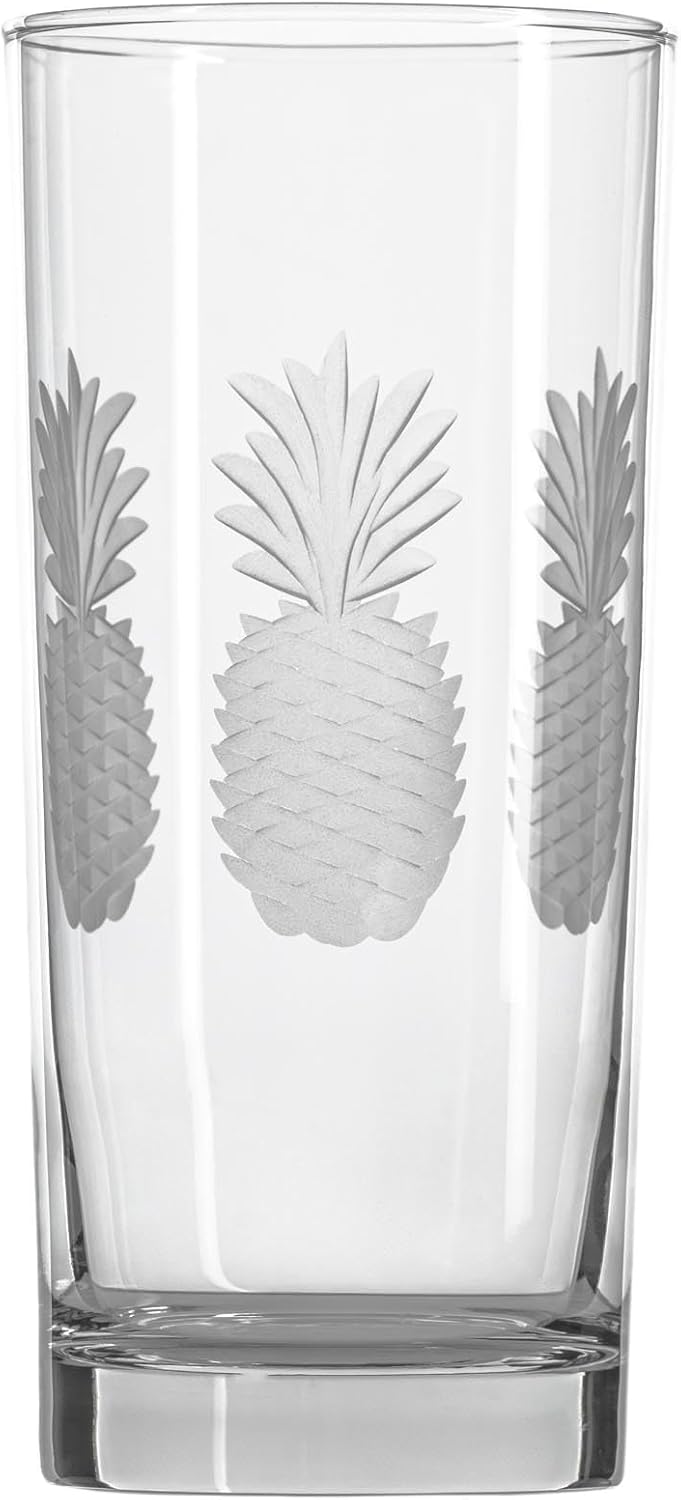 Rolf Glass Fresh Pineapple Highball Glass | 15oz Cooler Glasses | Lead-Free and Diamond-Wheel Engraved | Heavy Base, Thick Glass | Made in the USA | Tropical Etched Pineapple | Set of 4