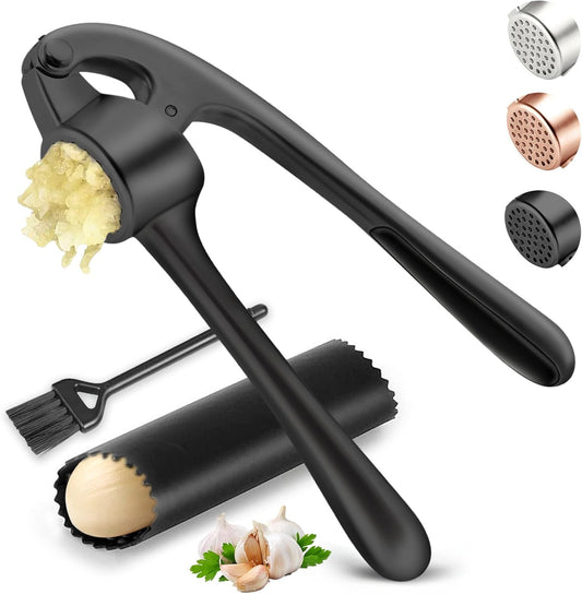 Kitchen Garlic Press, Rust Proof & Dishwasher Safe Garlic Mincer, Durable Garlic Crusher Set with Peeler＆Brush, Easy to Clean and Squeeze, Black