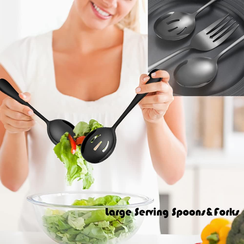 6 PCS Stainless Steel Serving Utensils, Large Serving Spoons Slotted Spoons, Forks, Ice Suger Tongs, Cake Server, Soup Ladle, Metal Utensils Set Great for Buffet Catering Banquet Party, Black