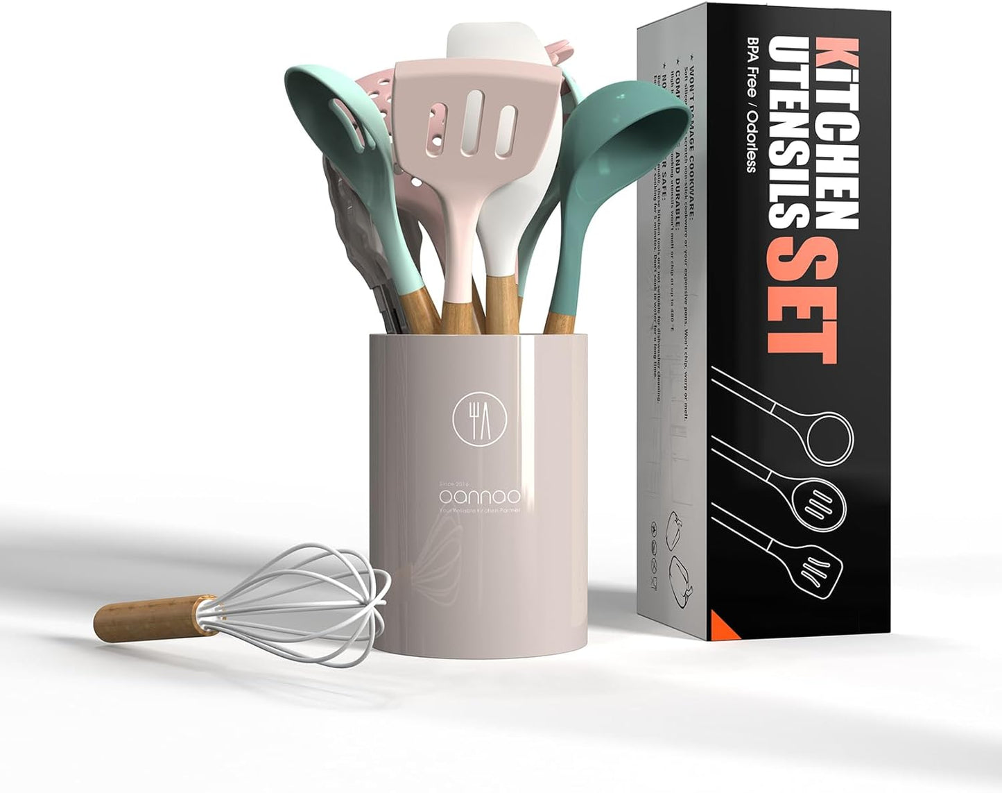 Silicone Cooking Utensils Set - 446°F Heat Resistant Silicone Kitchen Utensils for Cooking,Kitchen Utensil Spatula Set w Wooden Handles and Holder, BPA FREE Gadgets for Non-Stick Cookware (Colorful)