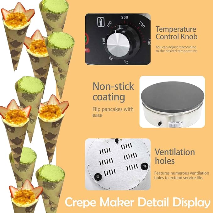 Electric Single Burner Crepe Maker,2KW Round Stainless Steel Pancake Machine 40cm(15.75") Nonstick Griddle with Temperature Control for Pancakes, Eggs, Bacon & Tortillas