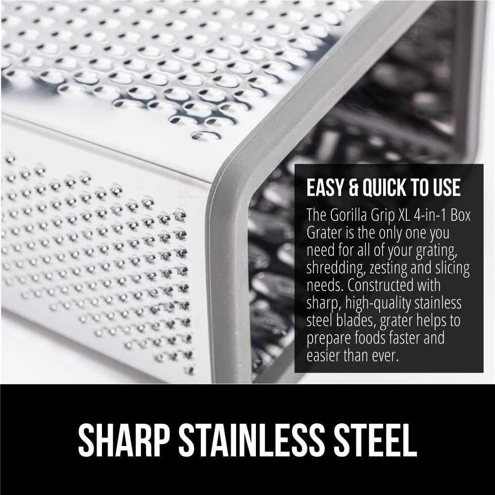 GORILLA GRIP 4-Sided 100% BPA-Free Cheese Grater With Container, Stainless Steel XL Box Graters, Parmesan Shredder, Grate Cheeses, Shred Veggies, Slip Resistant Handle, Dishwasher Safe Zester, Gray