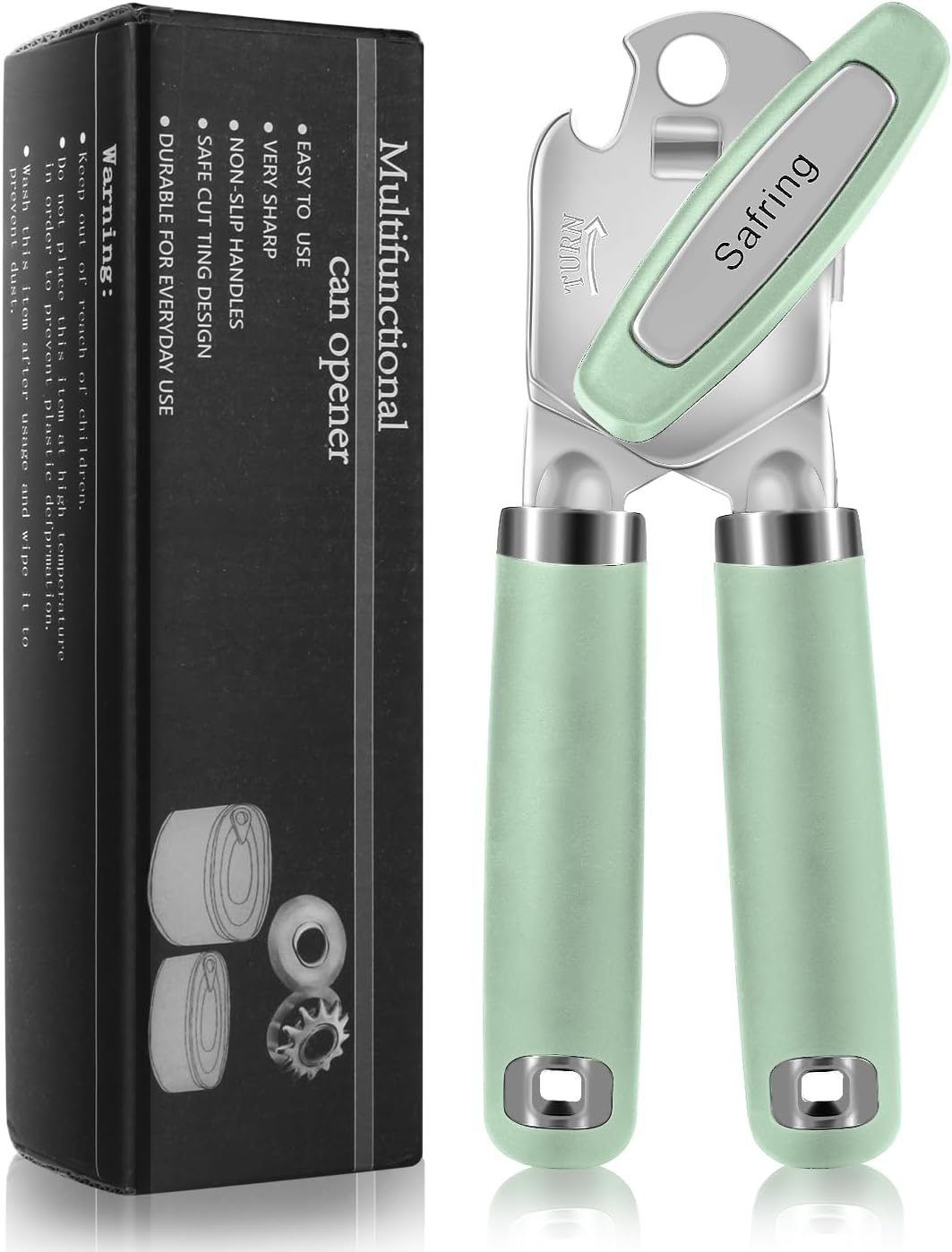 Can Opener Manual, Heavy Duty Handheld Strong Can Opener with Soft Touch Handle, Sharp Blade Smooth Edge, Can Openers with Multifunctional Bottle Opener, Mint