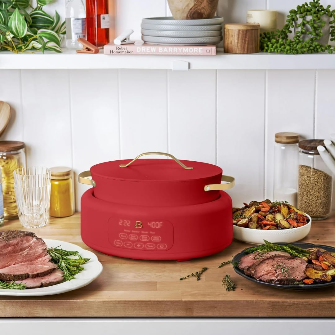 Beautiful 10-in-1 6Qt Electric Multi-Cooker with 7 Presets, Oven-Safe Pot & Lid, Sauté, Steam, Slow Cook, Slow Cooker, Simmer, Rice & More – Touch Display, Dishwasher Safe, Serves Up to 7 (Tomato Red)