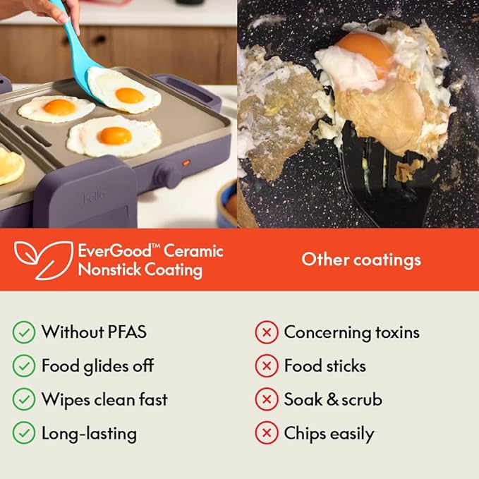 bella 10"x 20" Ceramic Fold-n-Store Dual Temp Griddle, Fits-anywhere Kitchenware, EverGood Ceramic Nonstick Coating, 2 Temperature Zones up to 400°F, Dishwasher Safe Drip Tray, 1500 Watt, Plum