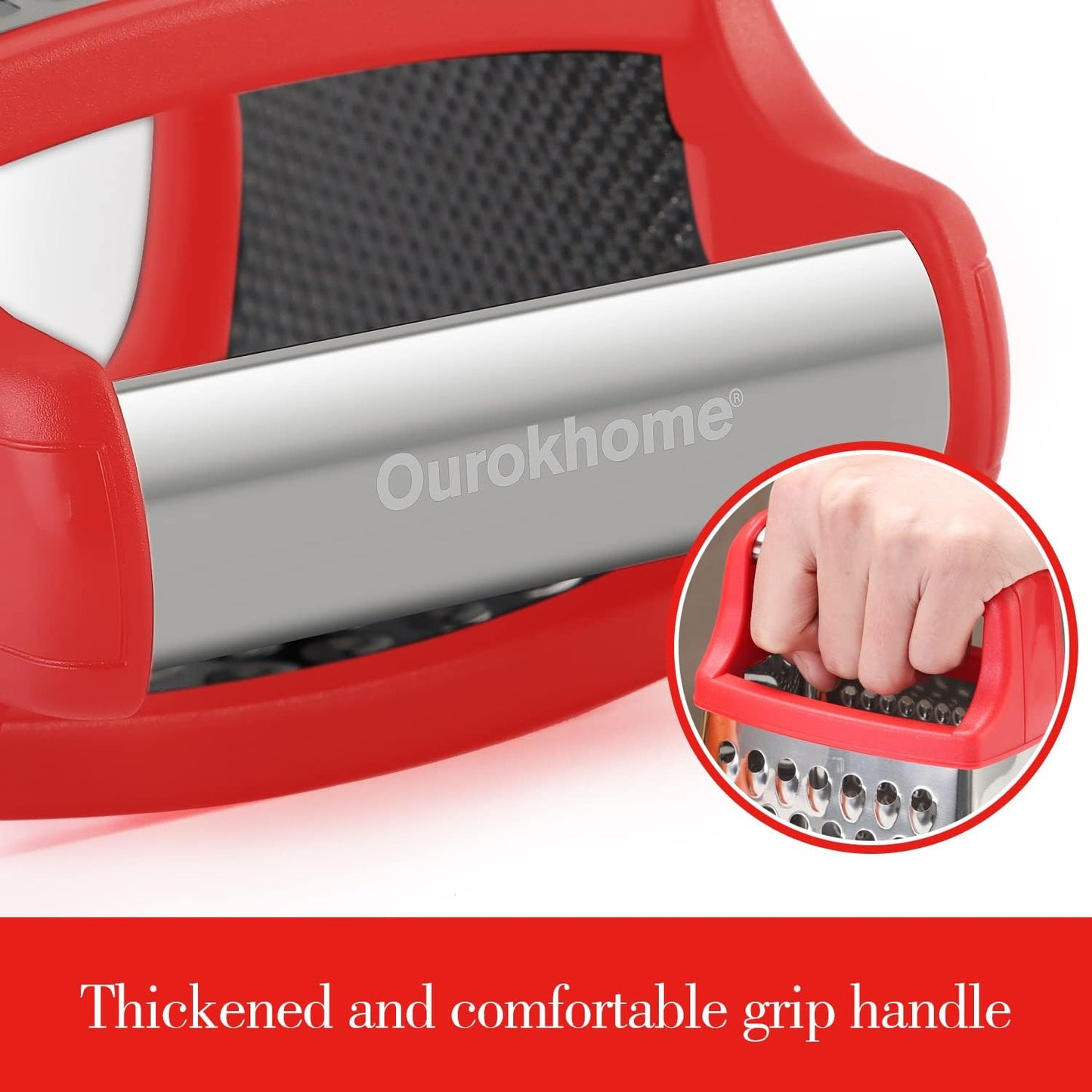 Ourokhome Cheese Grater with Handle, Stainless Steel Box Grater, 4 Side Kitchen Vegetable Shredder Slicer Zester with Container for Parmesan, Cabbage, Ginger, Lemon, Chocolate, Coconut (Red)
