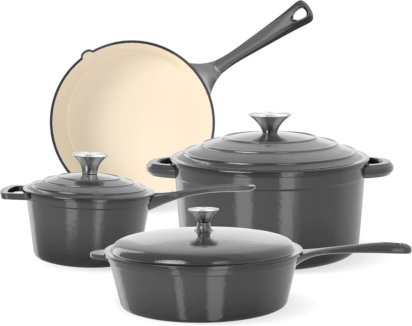 Kitchen Academy 7Pcs Enameled Cast Iron Cookware Sets - Non Toxic Pots and Pans Set Non Stick, Grey Induction Nonstick Cookware Set, PFOA&PFAS Free