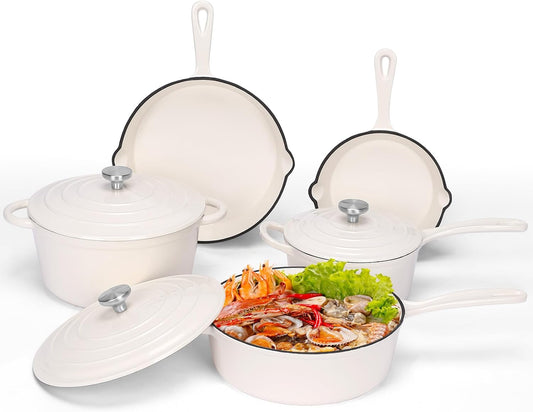 QuliMetal Nonstick Enameled Cast Iron Cookware Set, 5 Pcs Pots and Pans with Lid, Skillet, Frying Pan, Saucepan & Dutch Oven for All Stovetops, PFA Free - Ideal for Sourdough Bread Baking