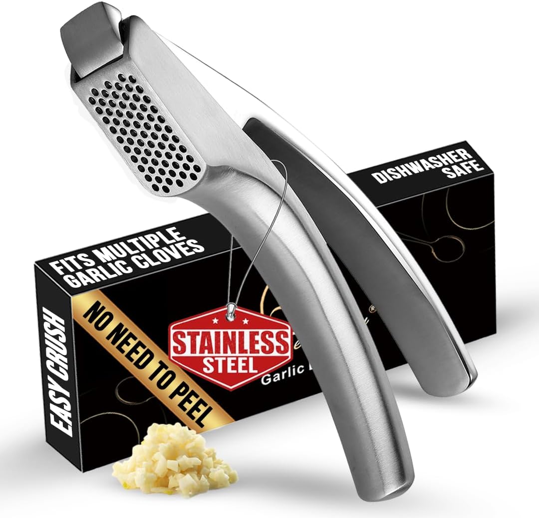 No Peeling Required Garlic Press Stainless Steel with Detachable Handle for Fine Mincing - Premium Garlic Mincer Tool, Rust-Proof, Easy to Clean, Dishwasher Safe Garlic Crusher with 5-Year Warranty