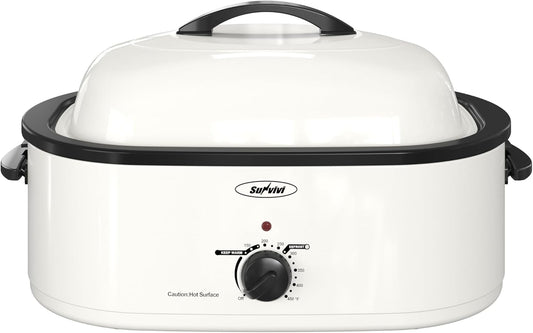 Sunvivi Roaster Oven, Electric Roaster Oven with Self-Basting Lid, 24lb 20-Quart Turkey Roaster with Unique Defrost/Warm Function, Large Roaster with Removable Pan & Rack, Stainless Steel, White