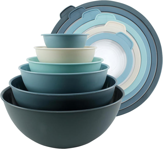 COOK WITH COLOR Mixing Bowls with Non Slip Bottom - 12 Piece Plastic Nesting Bowls Set includes 6 Prep Bowls and 6 Tritan Lids - Microwave Safe (Blue)
