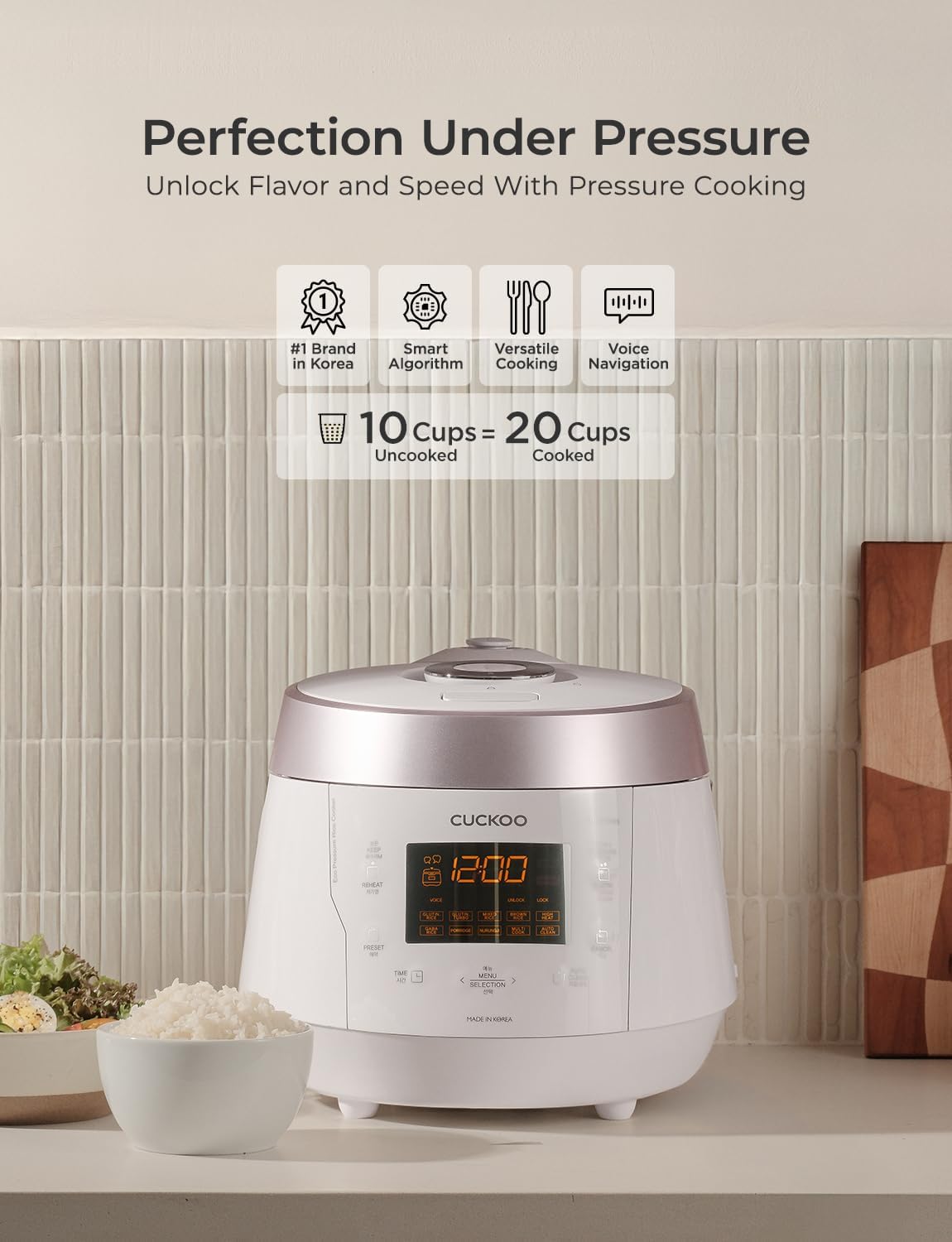CUCKOO High Pressure Rice Cooker 10-Cup Uncooked / 20-Cup Cooked with Nonstick Inner Pot, Large Rice Maker with 13 Menu Options and Steam Plate, Fuzzy Logic Tech, Voice Guide, White (CRP-P1009SW)