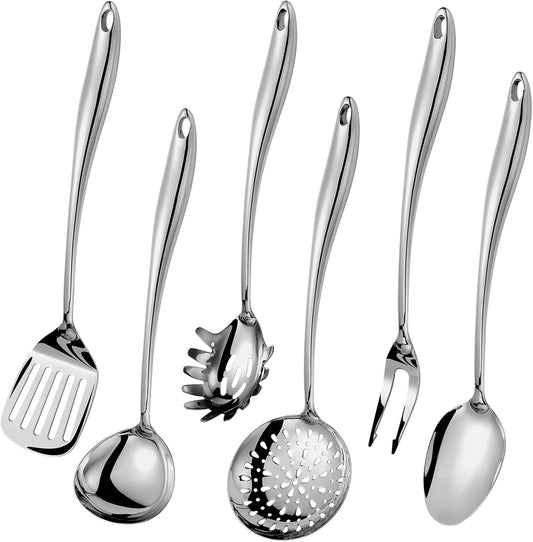 304 Stainless Steel Kitchen Utensils Set, 6 Pcs Long Metal Cooking Utensil with Spatula, Solid Spoon, Ladle, Skimmer, Spaghetti Spoon, Meat Fork, Dishwasher Safe