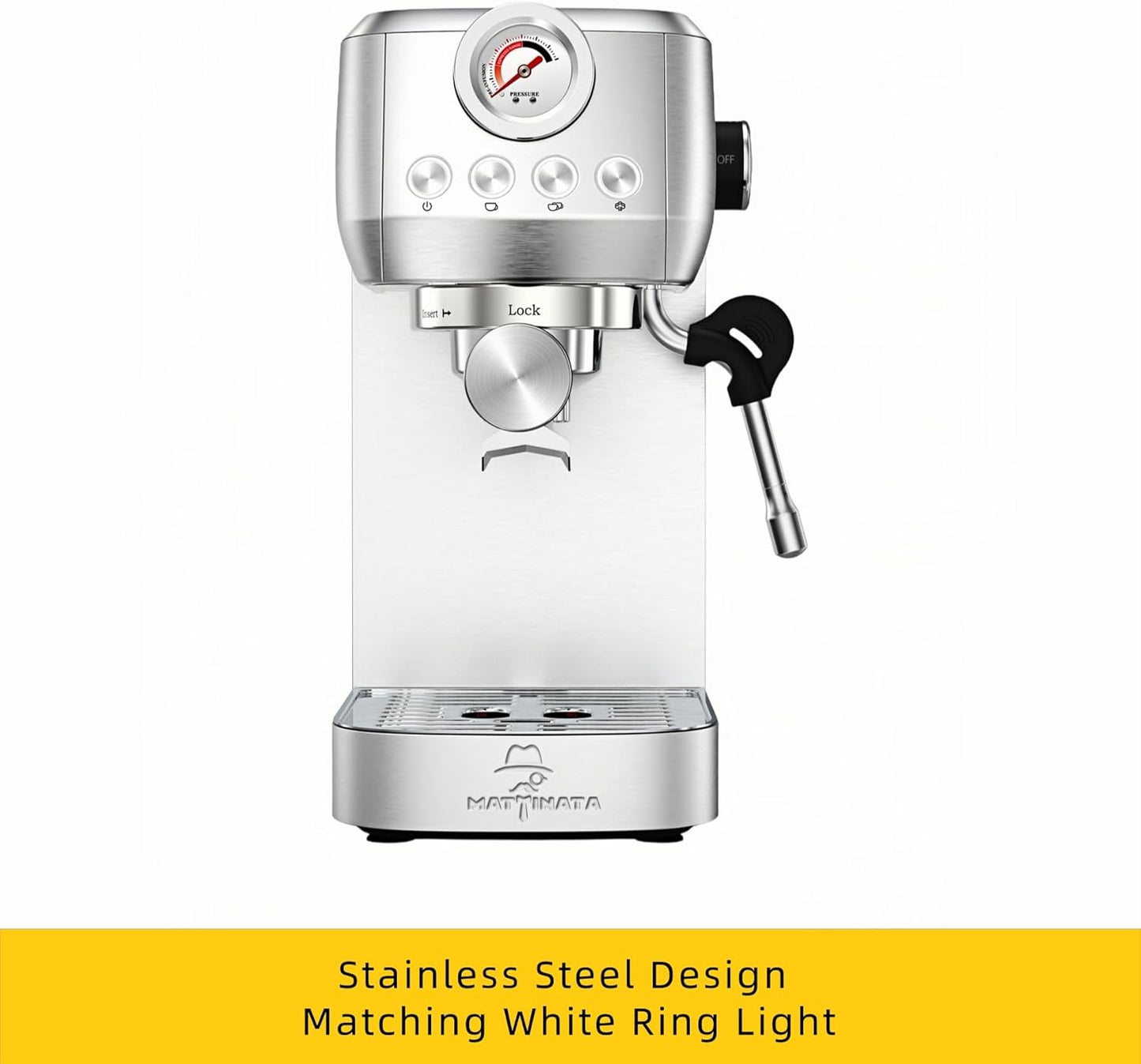 MAttinata CM1663 Espresso Machine, 20 Bar Compact Coffee Maker with Milk Frother Steam Wand for Cappuccino, Latte, Professional Pressure Gauge & 49oz Removable Water Tank for Home，Stainless Steel