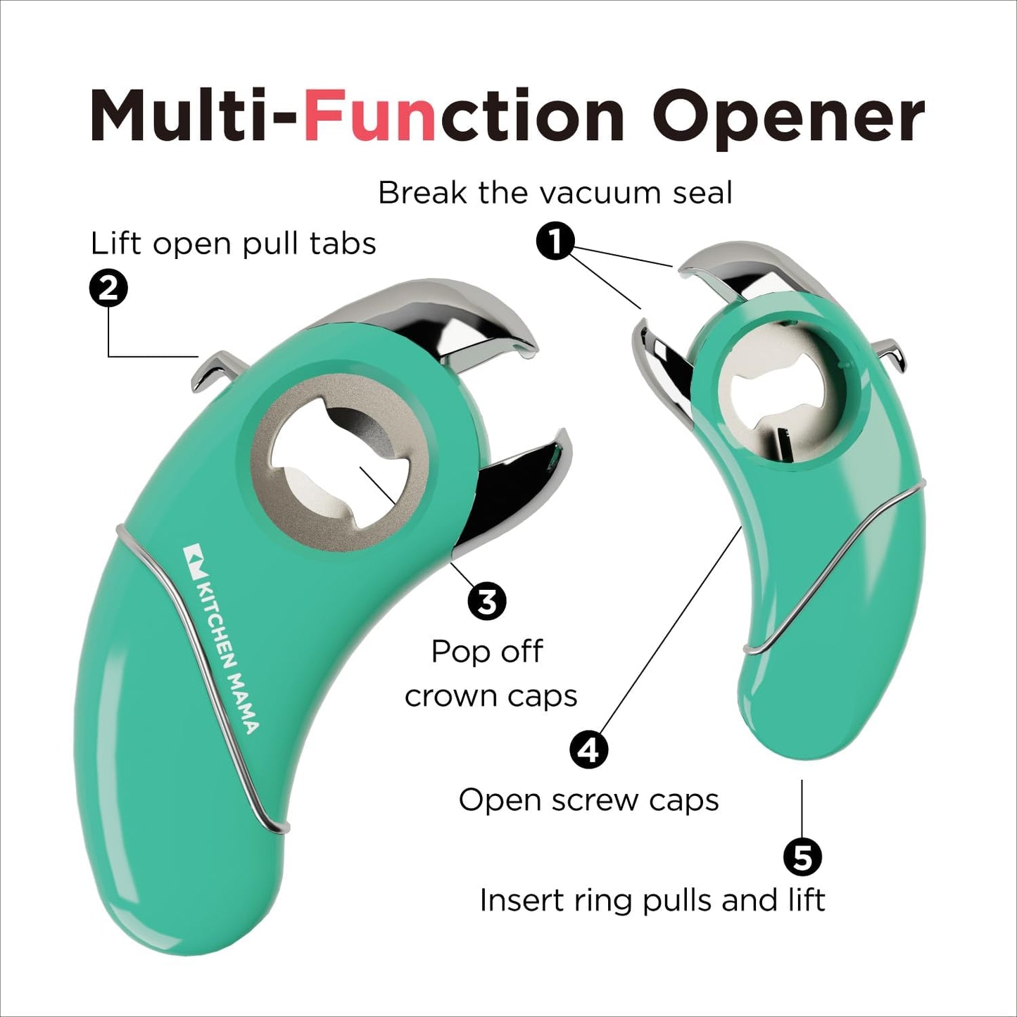 Kitchen Mama Epic One Multifunction Opener: Magnetic Bottle Opener, Beer Soda Opener, Effortless Jar Lid Opener for Seniors and Elderly with weak Hands and Arthritis, Essential Kitchen Gadget (Teal)