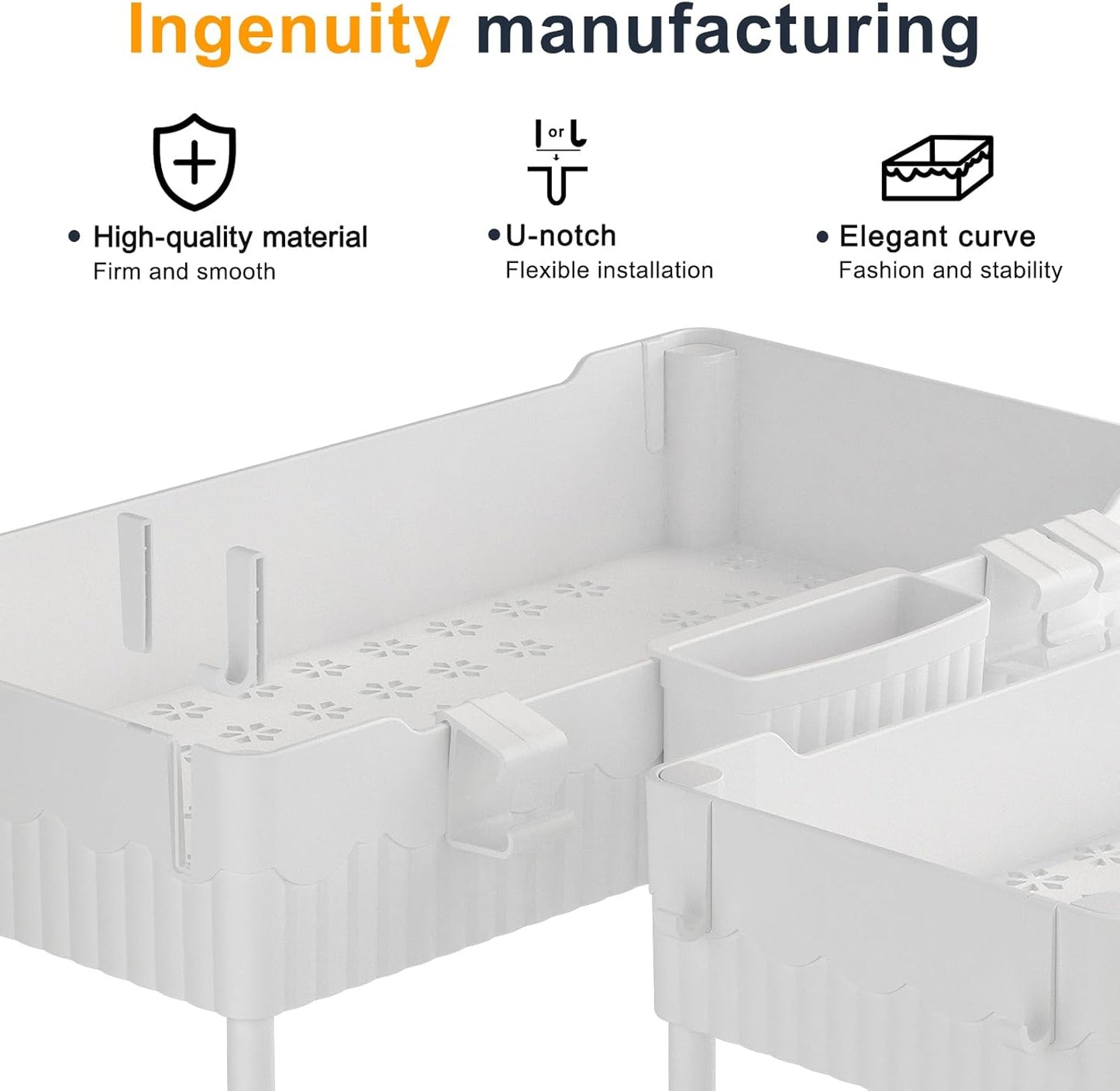 2 Pack Under Sink Organizer, Under Bathroom Cabinet Organizer with Hooks Hanging Cup, Multi-Purpose Storage Shelf for Kitchen Bathroom (White, XL)